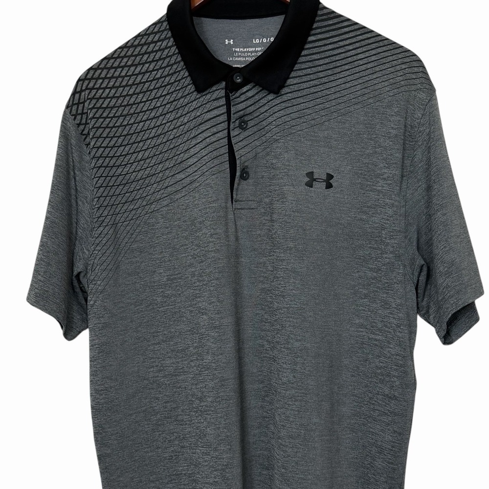 Under Armour Playoff Polo Men Large Gray Black Striped Golf Performance Shirt